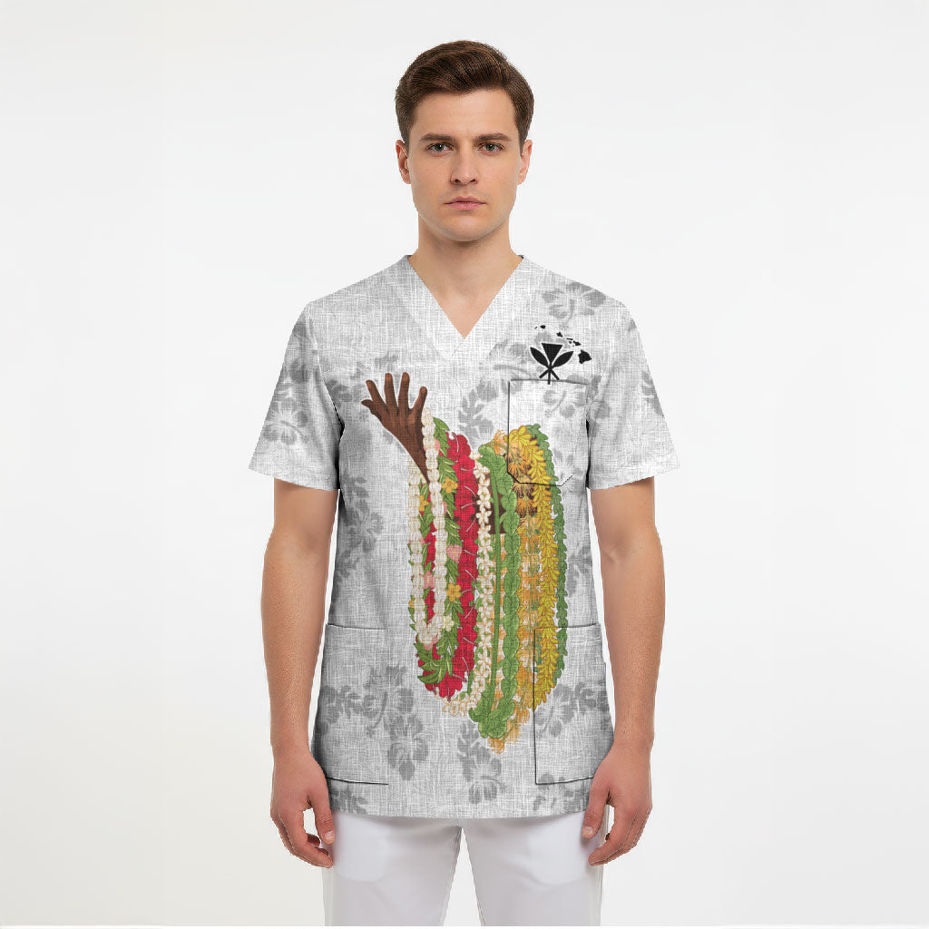 Hawaii Lei Kamehameha Scrub Top Ke'oke'o Seamless Pattern Hibiscus Flower