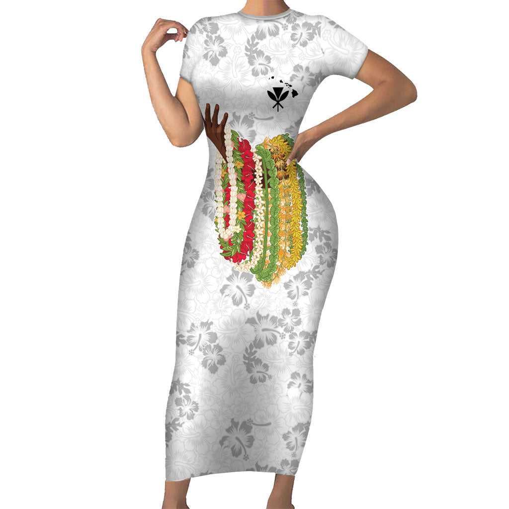 Hawaii Lei Kamehameha Short Sleeve Bodycon Dress Ke'oke'o Seamless Pattern Hibiscus Flower LT9 Long Dress White - Polynesian Pride