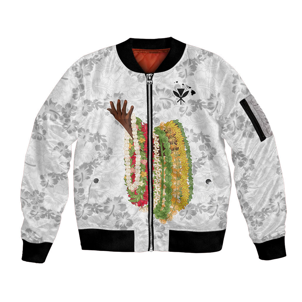 Hawaii Lei Kamehameha Sleeve Zip Bomber Jacket Ke'oke'o Seamless Pattern Hibiscus Flower LT9 Unisex White - Polynesian Pride