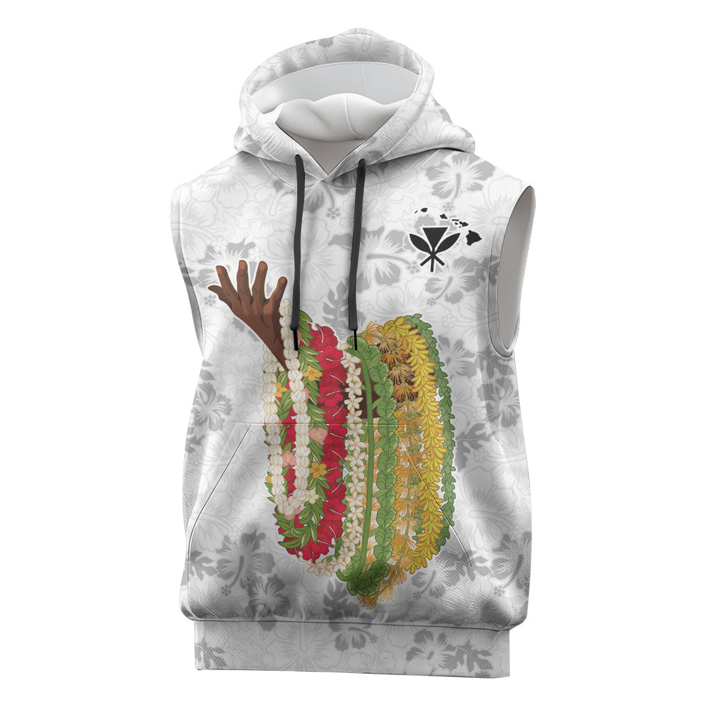 Hawaii Lei Kamehameha Sleeveless Hoodie Ke'oke'o Seamless Pattern Hibiscus Flower LT9 White - Polynesian Pride