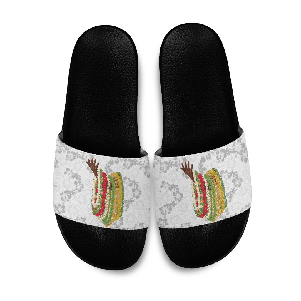 Hawaii Lei Kamehameha Slide Sandals Ke'oke'o Seamless Pattern Hibiscus Flower LT9 White - Polynesian Pride