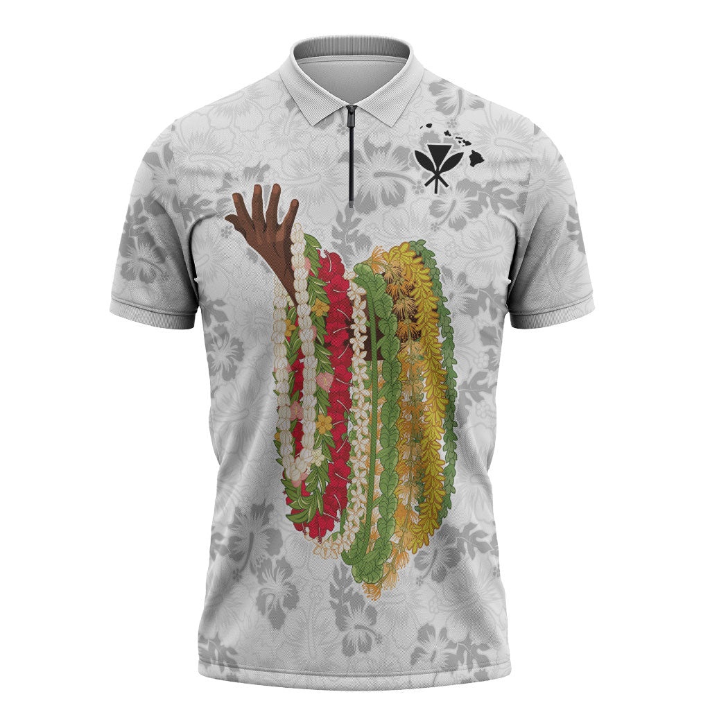 Hawaii Lei Kamehameha Zipper Polo Shirt Ke'oke'o Seamless Pattern Hibiscus Flower LT9 White - Polynesian Pride