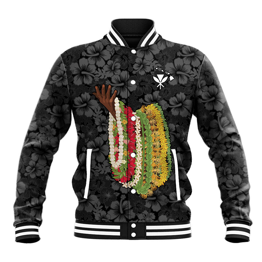 Hawaii Lei Kamehameha Baseball Jacket Ele'ele Seamless Pattern Hibiscus Flower LT9 Unisex Black - Polynesian Pride