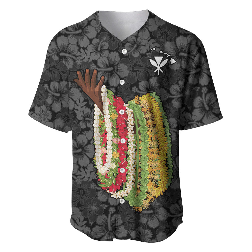 Hawaii Lei Kamehameha Baseball Jersey Ele'ele Seamless Pattern Hibiscus Flower LT9 Black - Polynesian Pride