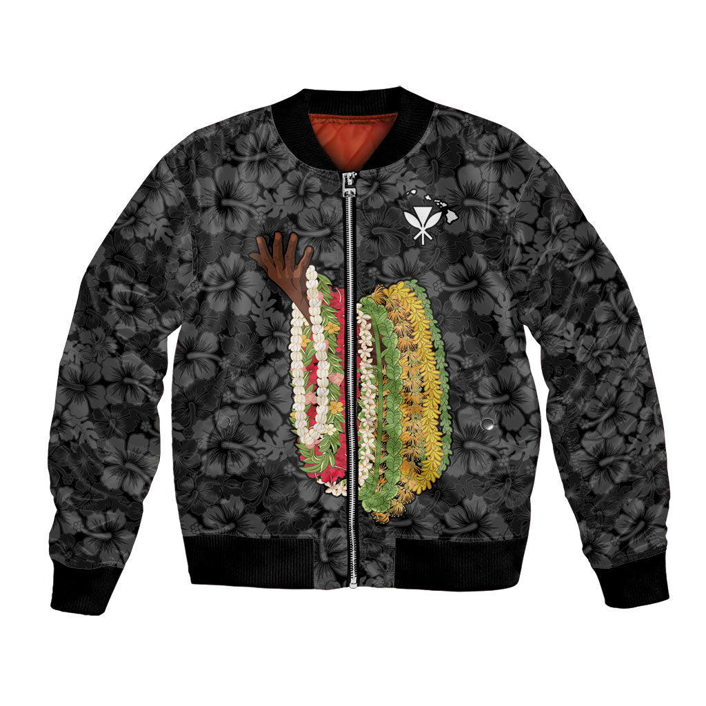 Hawaii Lei Kamehameha Bomber Jacket Ele'ele Seamless Pattern Hibiscus Flower LT9 Unisex Black - Polynesian Pride