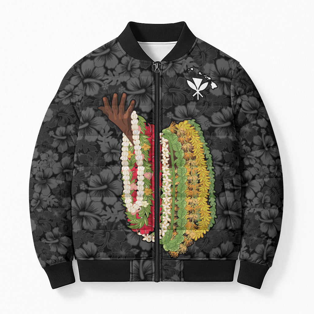 Hawaii Lei Kamehameha Bomber Puffer Jacket Ele'ele Seamless Pattern Hibiscus Flower LT9 Unisex Black - Polynesian Pride