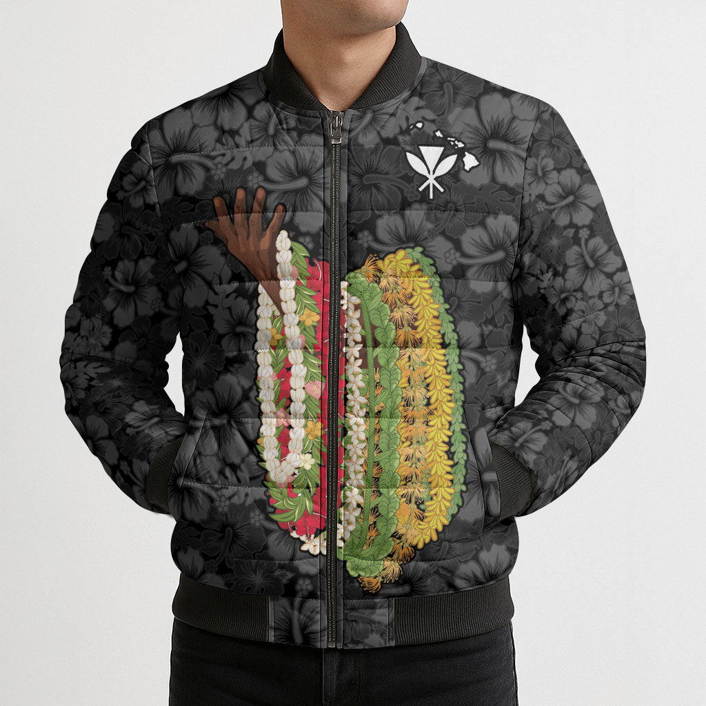 Hawaii Lei Kamehameha Bomber Puffer Jacket Ele'ele Seamless Pattern Hibiscus Flower