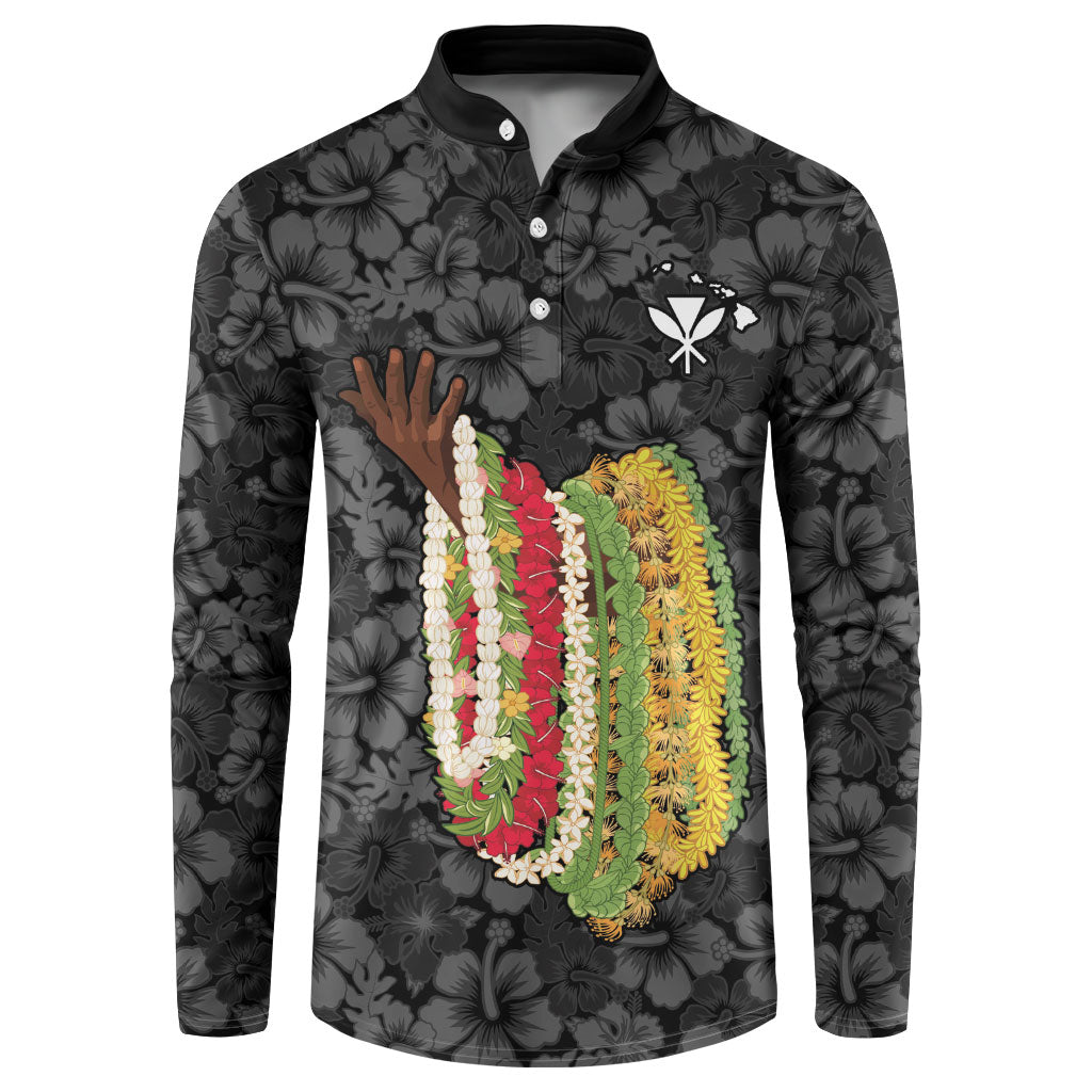 Hawaii Lei Kamehameha Button Sweatshirt Ele'ele Seamless Pattern Hibiscus Flower LT9 Black - Polynesian Pride