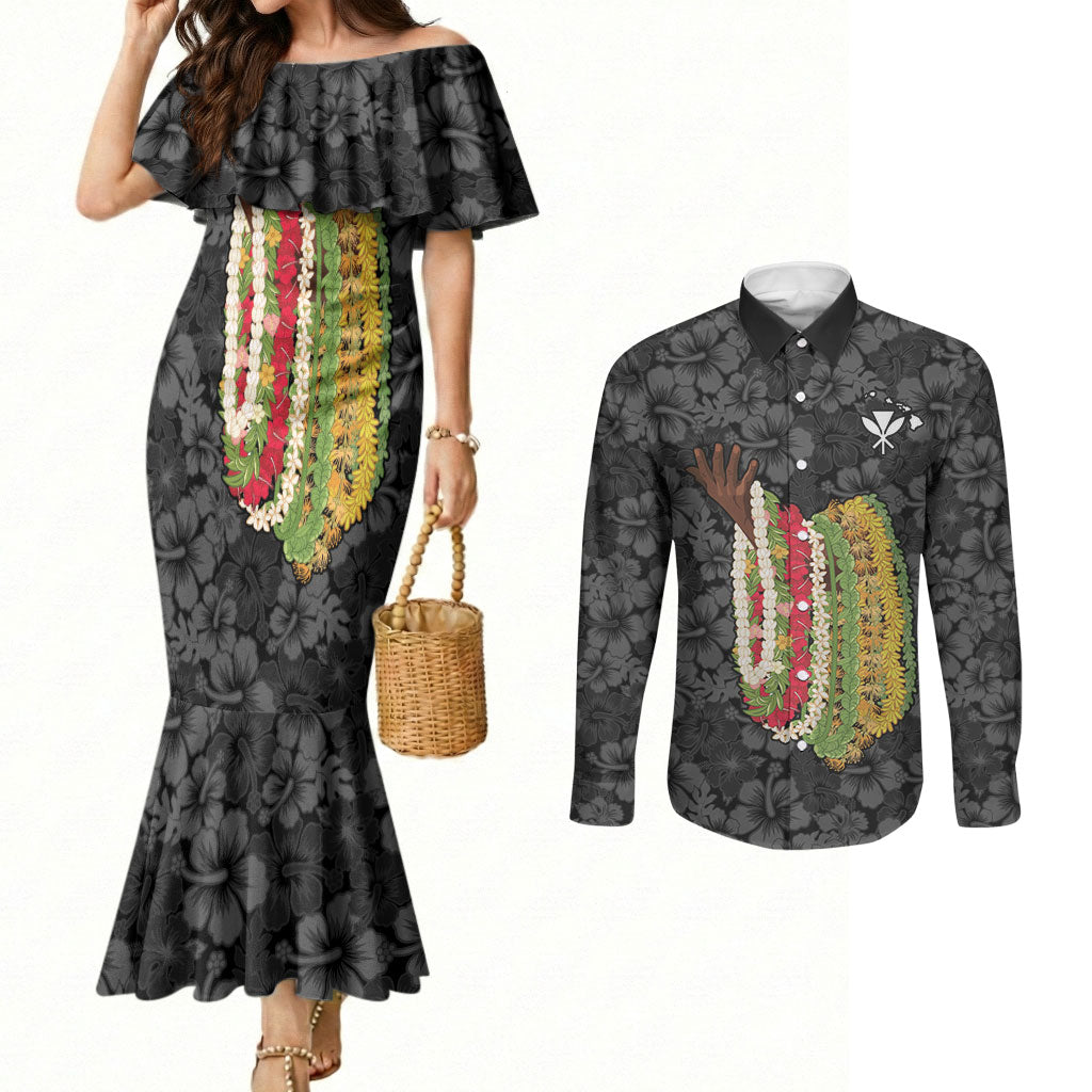 Hawaii Lei Kamehameha Couples Matching Mermaid Dress and Long Sleeve Button Shirt Ele'ele Seamless Pattern Hibiscus Flower LT9 Black - Polynesian Pride