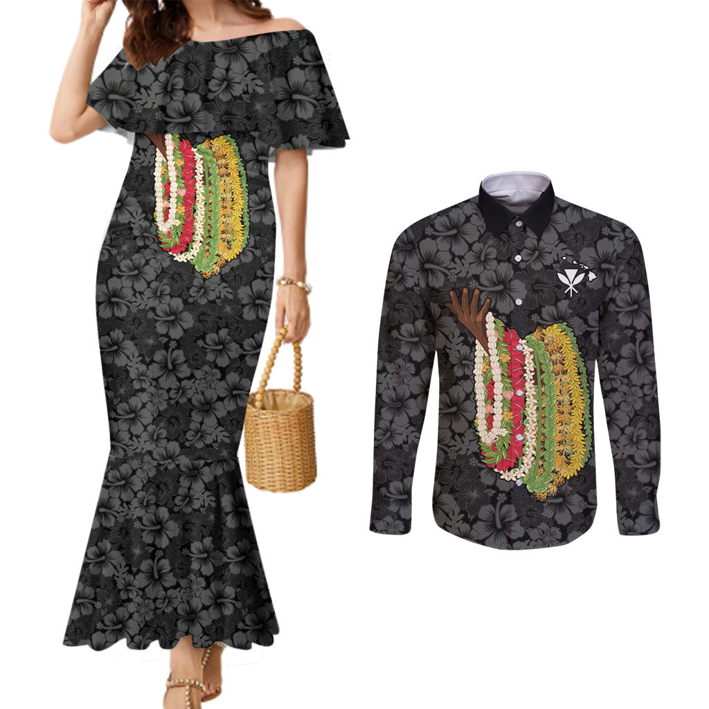 Hawaii Lei Kamehameha Couples Matching Mermaid Dress and Long Sleeve Button Shirt Ele'ele Seamless Pattern Hibiscus Flower LT9 Black - Polynesian Pride