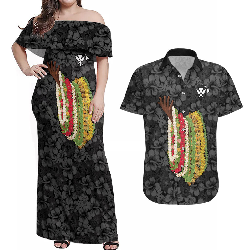Hawaii Lei Kamehameha Couples Matching Off Shoulder Maxi Dress and Hawaiian Shirt Ele'ele Seamless Pattern Hibiscus Flower LT9 Black - Polynesian Pride