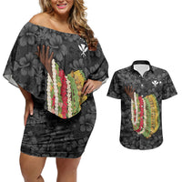 Hawaii Lei Kamehameha Couples Matching Off Shoulder Short Dress and Hawaiian Shirt Ele'ele Seamless Pattern Hibiscus Flower LT9 Black - Polynesian Pride