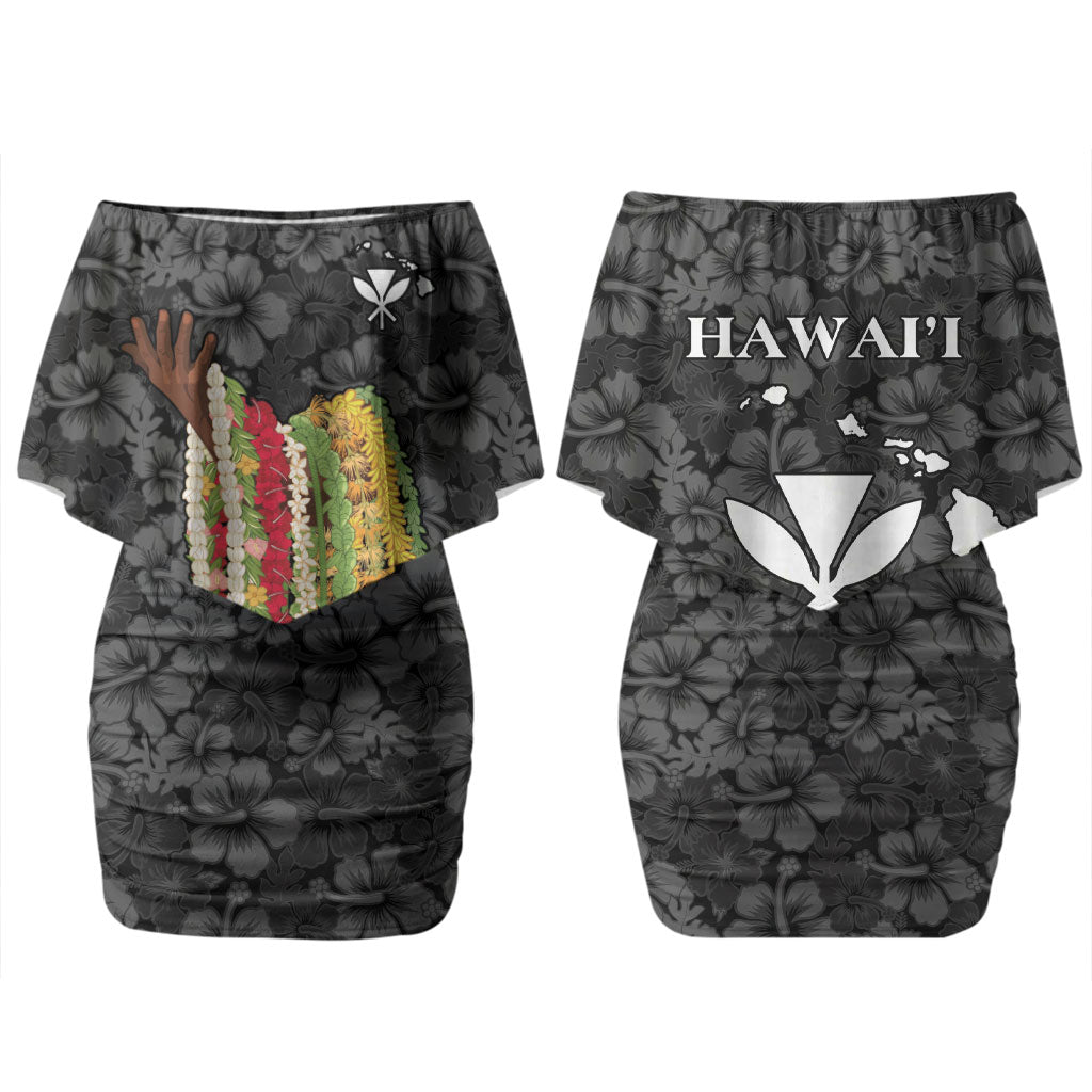 Hawaii Lei Kamehameha Couples Matching Off Shoulder Short Dress and Long Sleeve Button Shirt Ele'ele Seamless Pattern Hibiscus Flower LT9 - Polynesian Pride