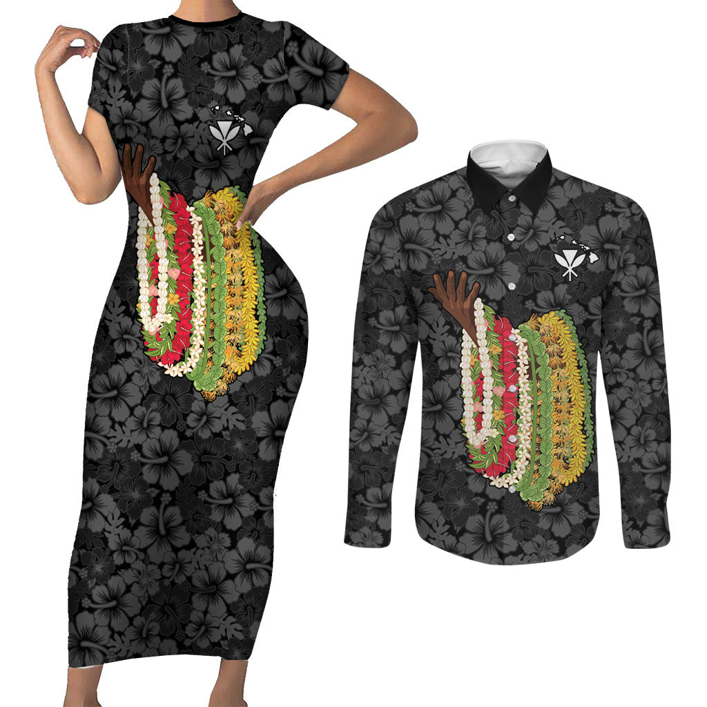 Hawaii Lei Kamehameha Couples Matching Short Sleeve Bodycon Dress and Long Sleeve Button Shirt Ele'ele Seamless Pattern Hibiscus Flower LT9 Black - Polynesian Pride