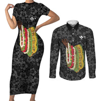 Hawaii Lei Kamehameha Couples Matching Short Sleeve Bodycon Dress and Long Sleeve Button Shirt Ele'ele Seamless Pattern Hibiscus Flower
