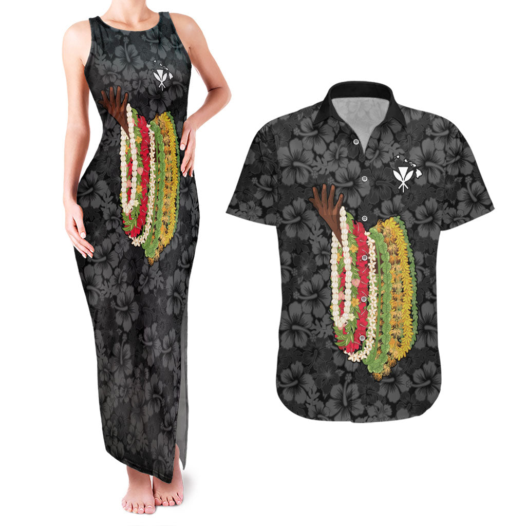 Hawaii Lei Kamehameha Couples Matching Tank Maxi Dress and Hawaiian Shirt Ele'ele Seamless Pattern Hibiscus Flower LT9 Black - Polynesian Pride