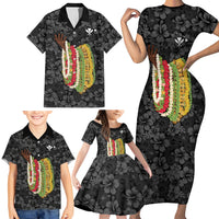 Hawaii Lei Kamehameha Family Matching Short Sleeve Bodycon Dress and Hawaiian Shirt Ele'ele Seamless Pattern Hibiscus Flower