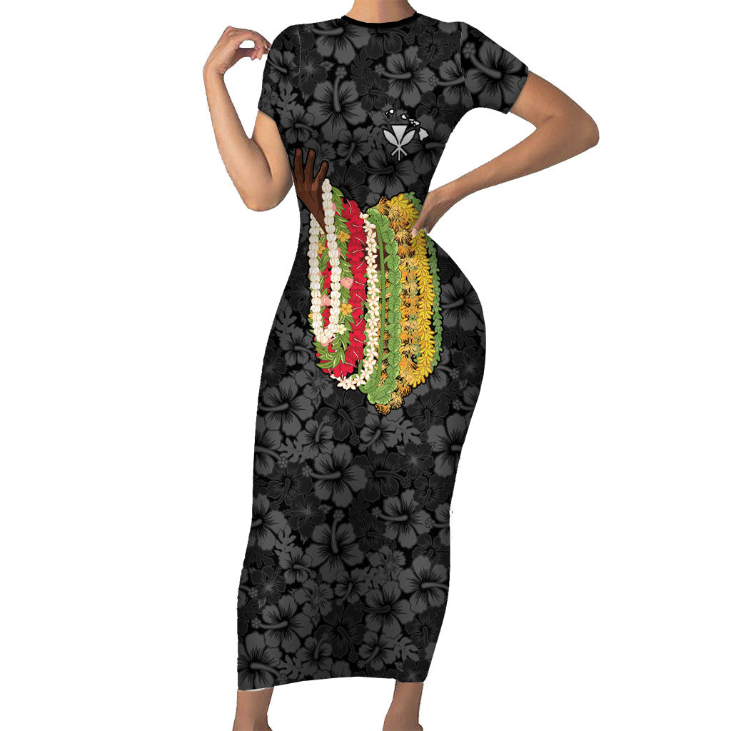 Hawaii Lei Kamehameha Family Matching Short Sleeve Bodycon Dress and Hawaiian Shirt Ele'ele Seamless Pattern Hibiscus Flower