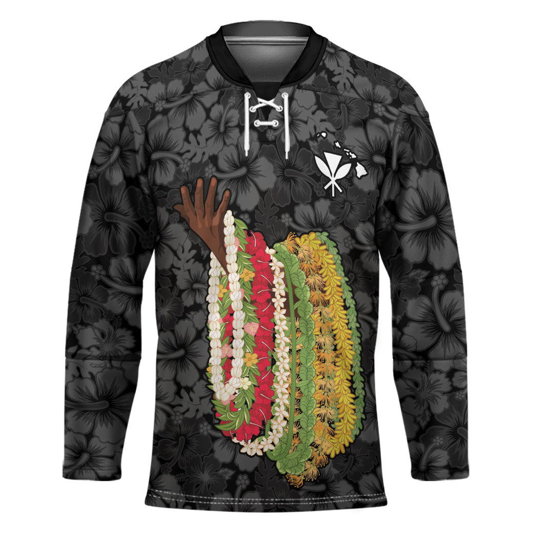 Hawaii Lei Kamehameha Hockey Jersey Ele'ele Seamless Pattern Hibiscus Flower LT9 Unisex Black - Polynesian Pride