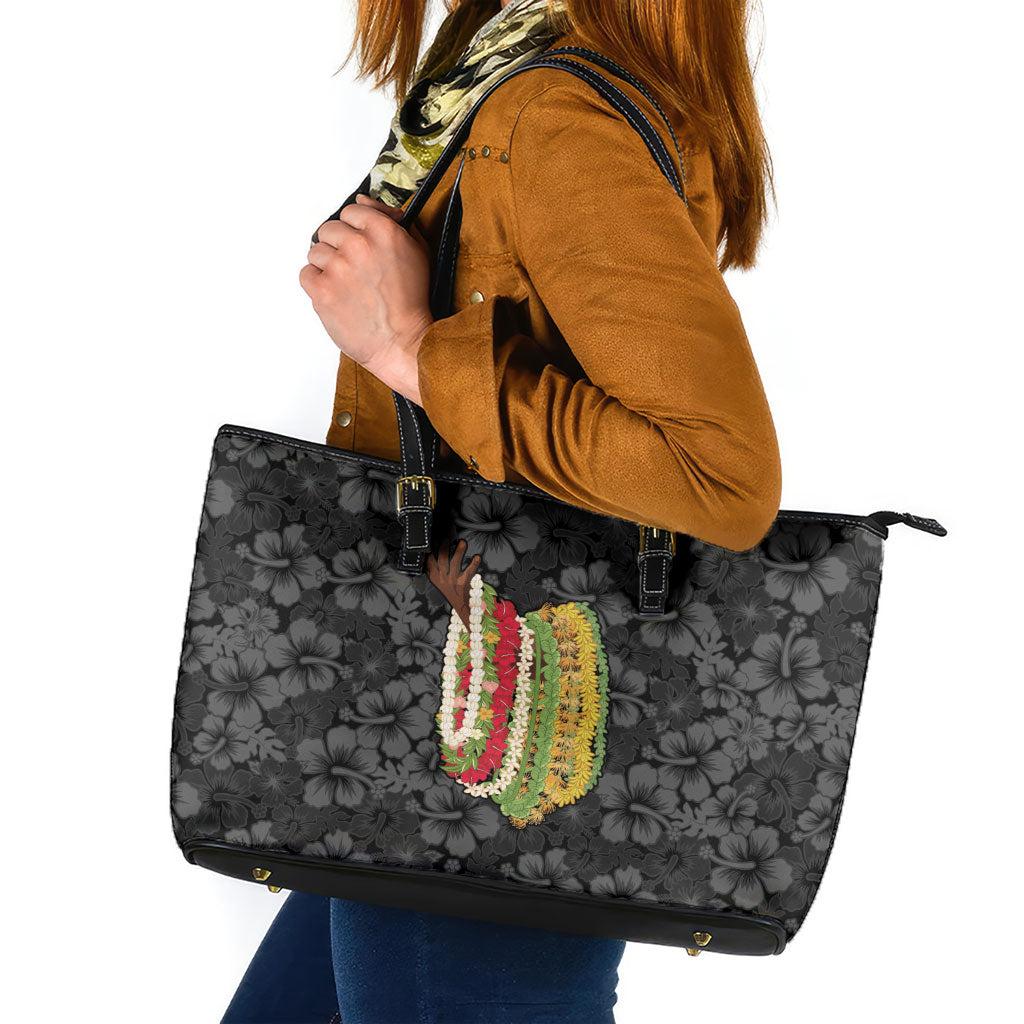 Hawaii Lei Kamehameha Leather Tote Bag Ele'ele Seamless Pattern Hibiscus Flower LT9 Black - Polynesian Pride