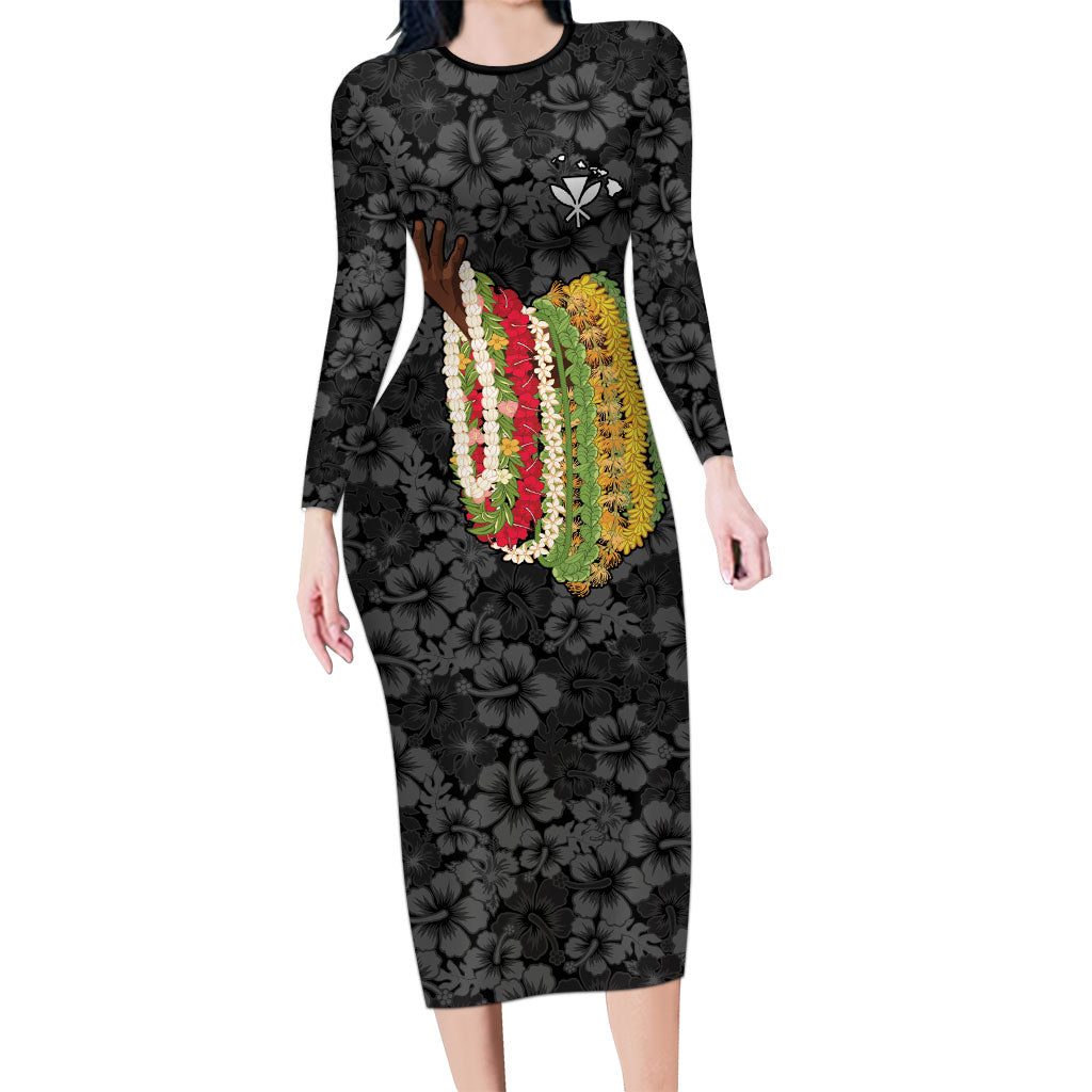 Hawaii Lei Kamehameha Long Sleeve Bodycon Dress Ele'ele Seamless Pattern Hibiscus Flower LT9 Long Dress Black - Polynesian Pride