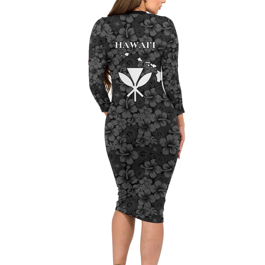 Hawaii Lei Kamehameha Long Sleeve Bodycon Dress Ele'ele Seamless Pattern Hibiscus Flower