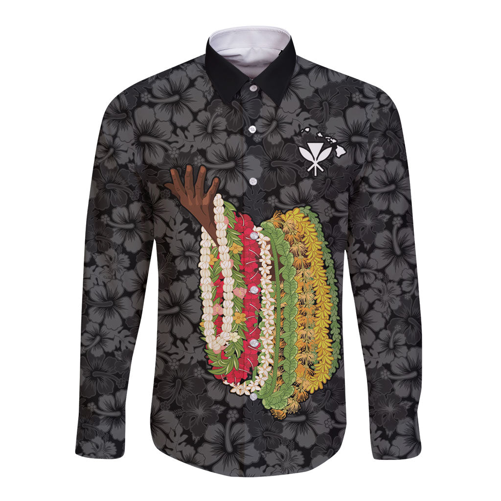Hawaii Lei Kamehameha Long Sleeve Button Shirt Ele'ele Seamless Pattern Hibiscus Flower LT9 Unisex Black - Polynesian Pride