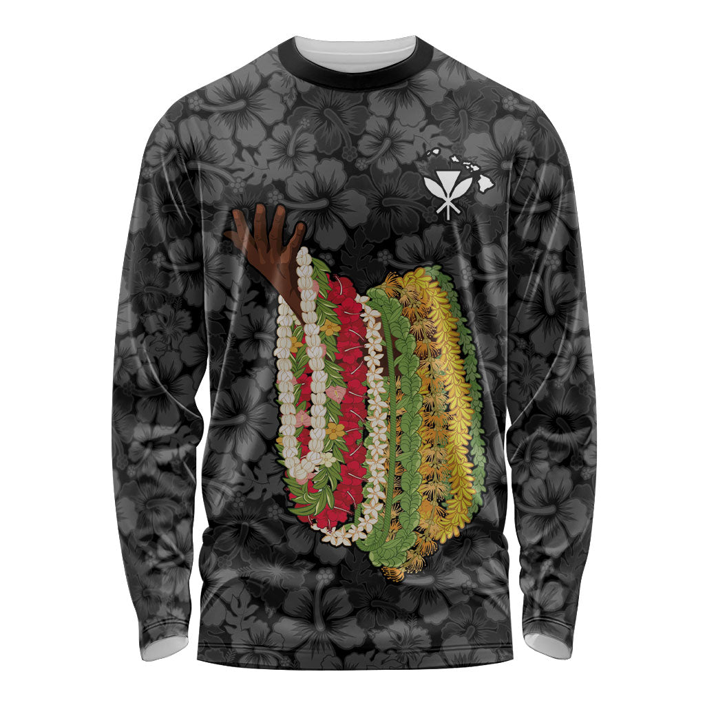 Hawaii Lei Kamehameha Long Sleeve Shirt Ele'ele Seamless Pattern Hibiscus Flower LT9 Unisex Black - Polynesian Pride