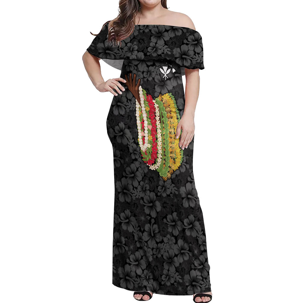 Hawaii Lei Kamehameha Off Shoulder Maxi Dress Ele'ele Seamless Pattern Hibiscus Flower