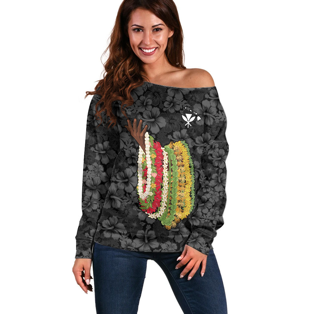 Hawaii Lei Kamehameha Off Shoulder Sweater Ele'ele Seamless Pattern Hibiscus Flower LT9 Women Black - Polynesian Pride