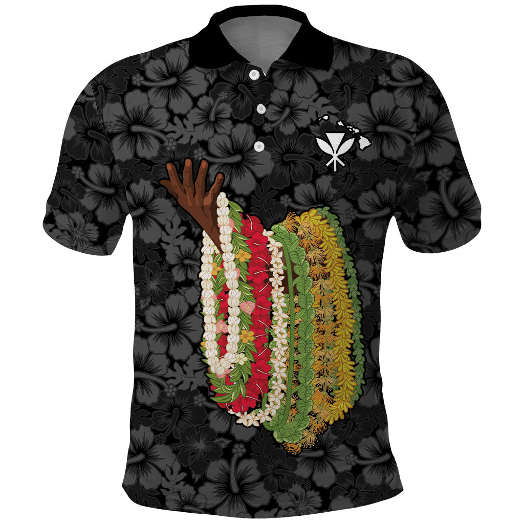 Hawaii Lei Kamehameha Polo Shirt Ele'ele Seamless Pattern Hibiscus Flower LT9 Black - Polynesian Pride