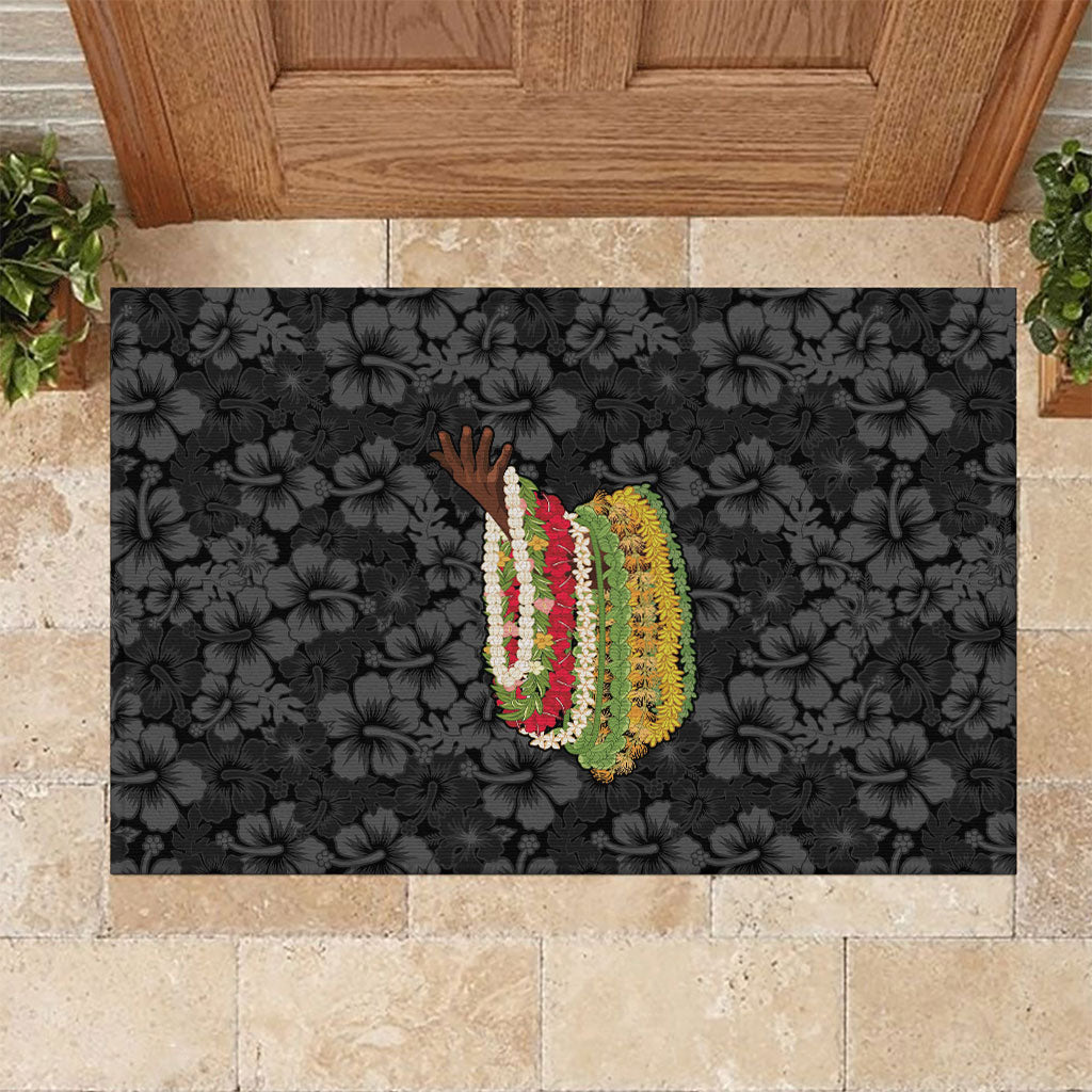 Hawaii Lei Kamehameha Rubber Doormat Ele'ele Seamless Pattern Hibiscus Flower LT9 Black - Polynesian Pride