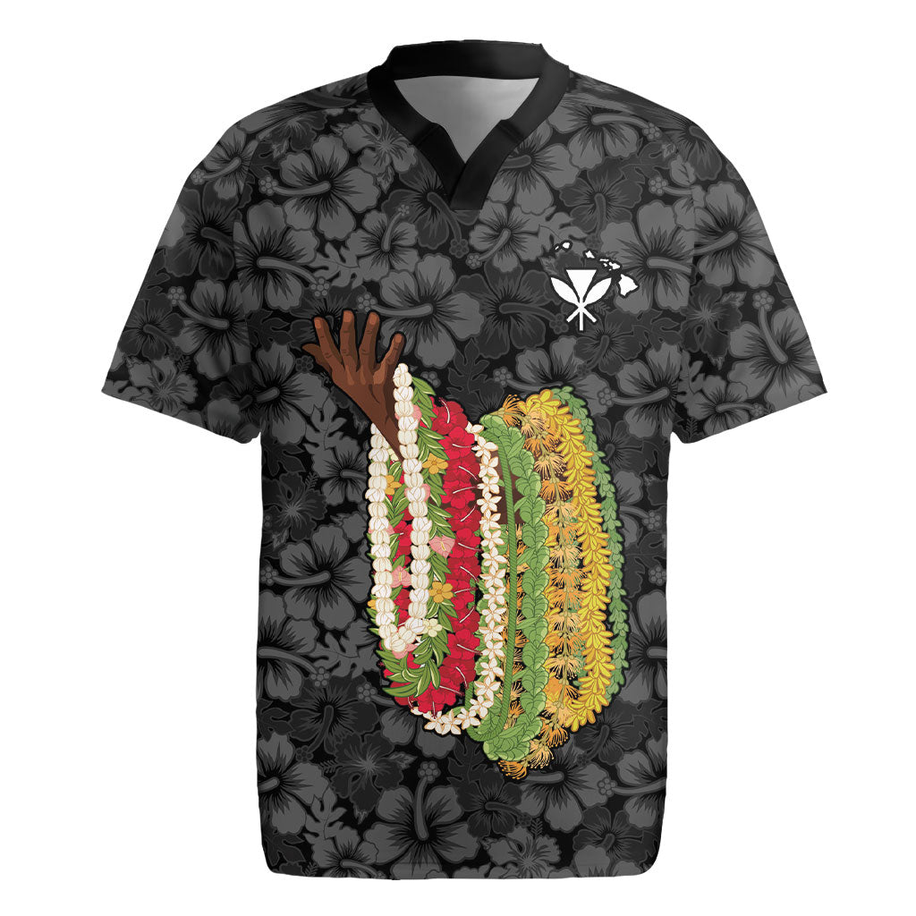Hawaii Lei Kamehameha Rugby Jersey Ele'ele Seamless Pattern Hibiscus Flower LT9 Black - Polynesian Pride