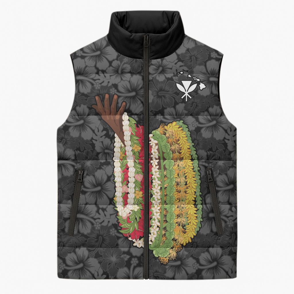 Hawaii Lei Kamehameha Sleeveless Puffer Jacket Ele'ele Seamless Pattern Hibiscus Flower
