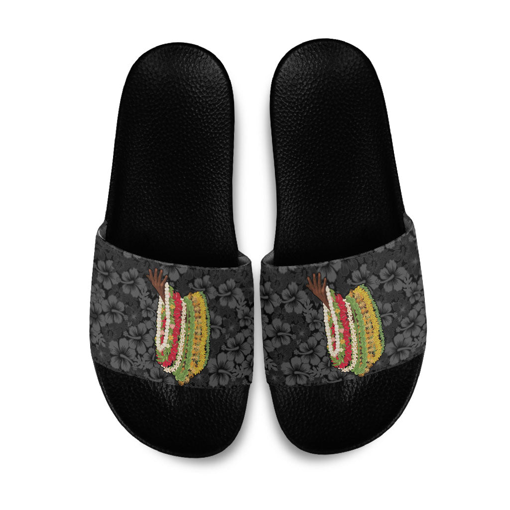 Hawaii Lei Kamehameha Slide Sandals Ele'ele Seamless Pattern Hibiscus Flower LT9 Black - Polynesian Pride