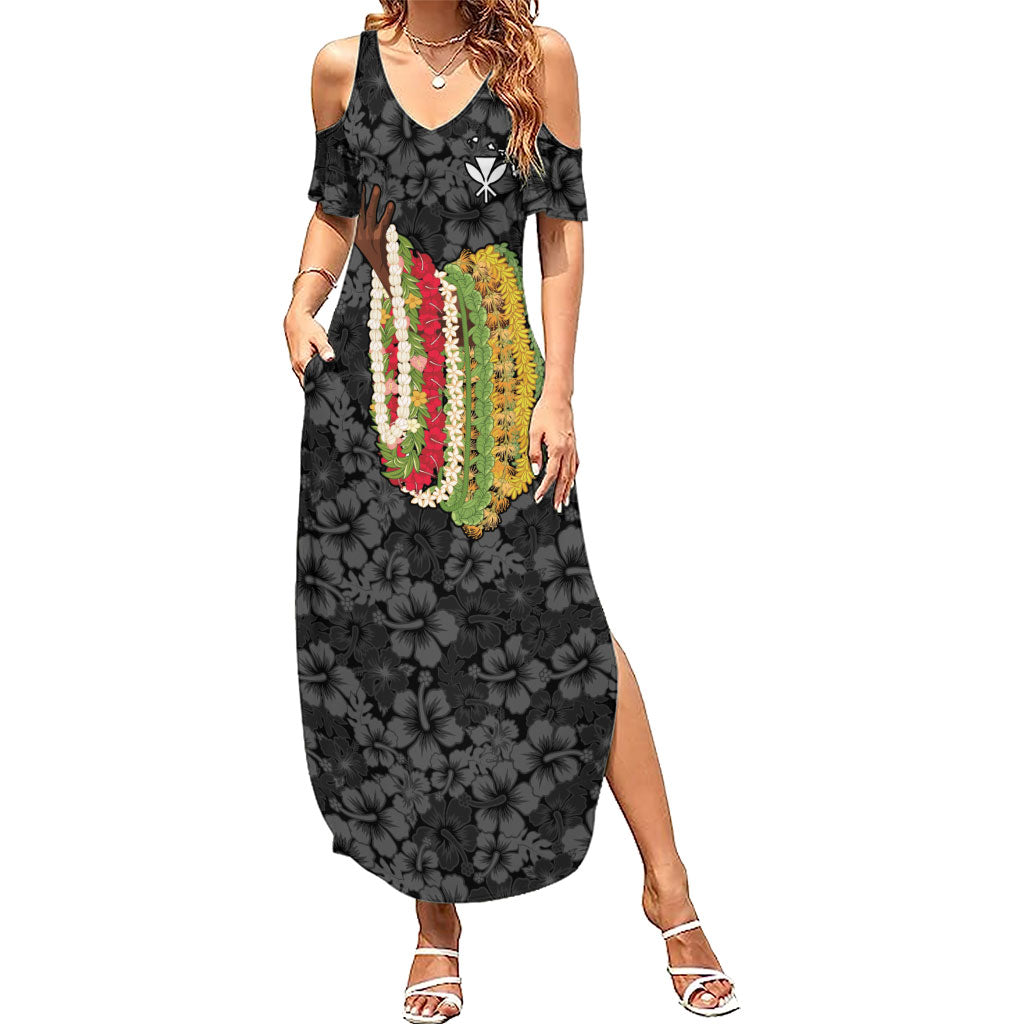 Hawaii Lei Kamehameha Summer Maxi Dress Ele'ele Seamless Pattern Hibiscus Flower LT9 Women Black - Polynesian Pride