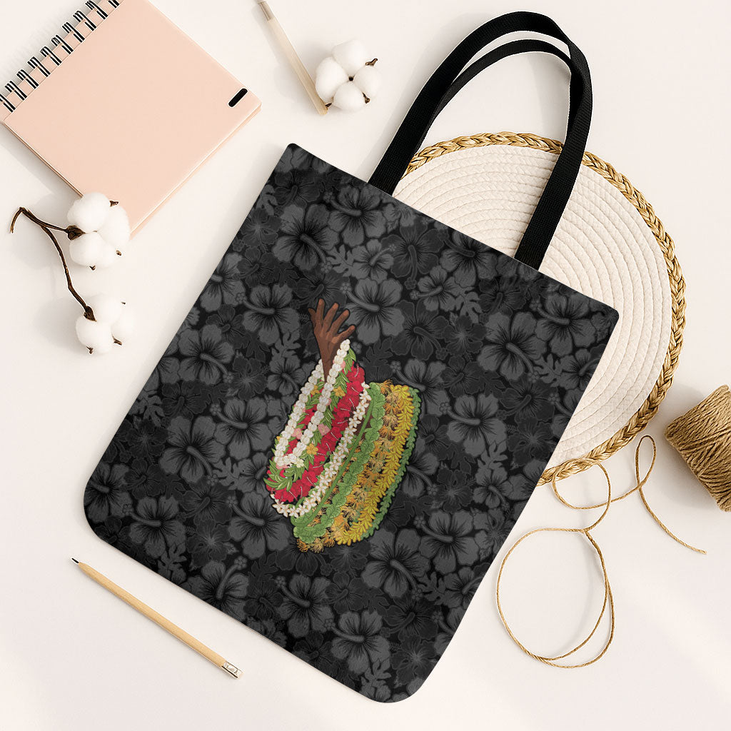 Hawaii Lei Kamehameha Tote Bag Ele'ele Seamless Pattern Hibiscus Flower LT9 Black Strap One Size Black - Polynesian Pride