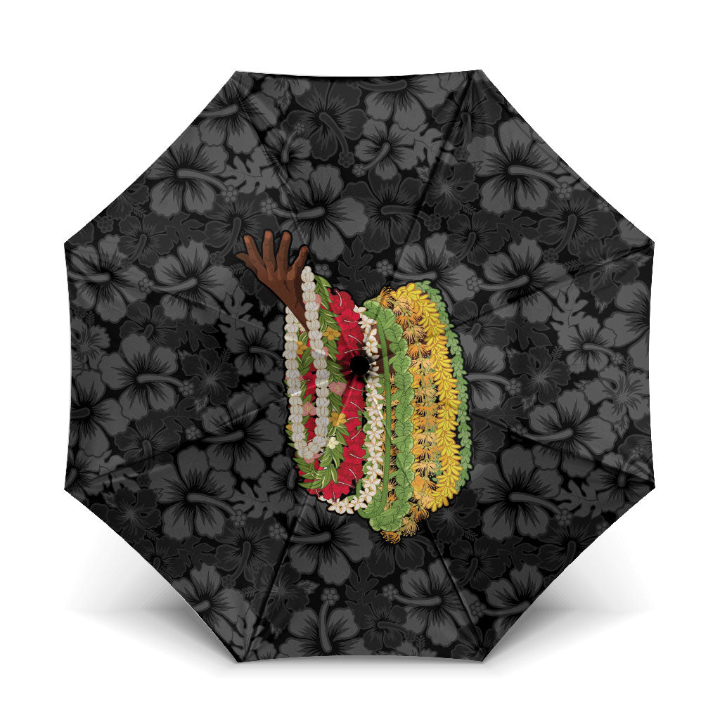 Hawaii Lei Kamehameha Umbrella Ele'ele Seamless Pattern Hibiscus Flower LT9 One Size Folded 11.42 inch Opened Diameter 37.4 inch Black - Polynesian Pride