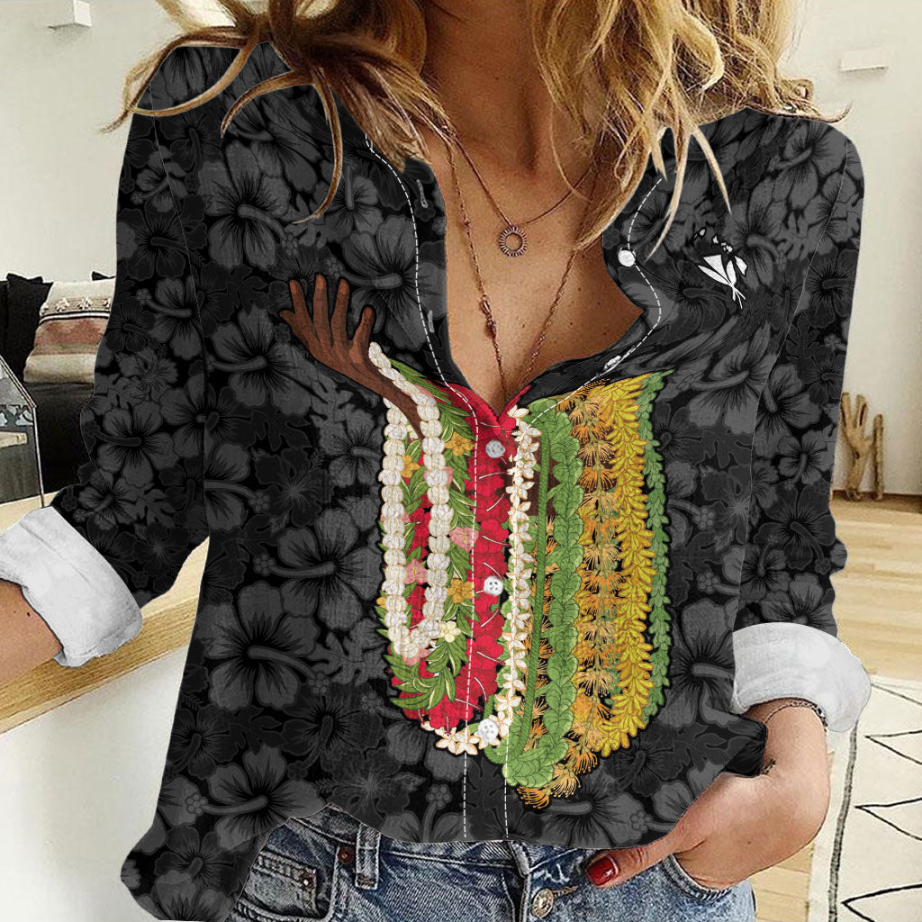 Hawaii Lei Kamehameha Women Casual Shirt Ele'ele Seamless Pattern Hibiscus Flower LT9 Female Black - Polynesian Pride