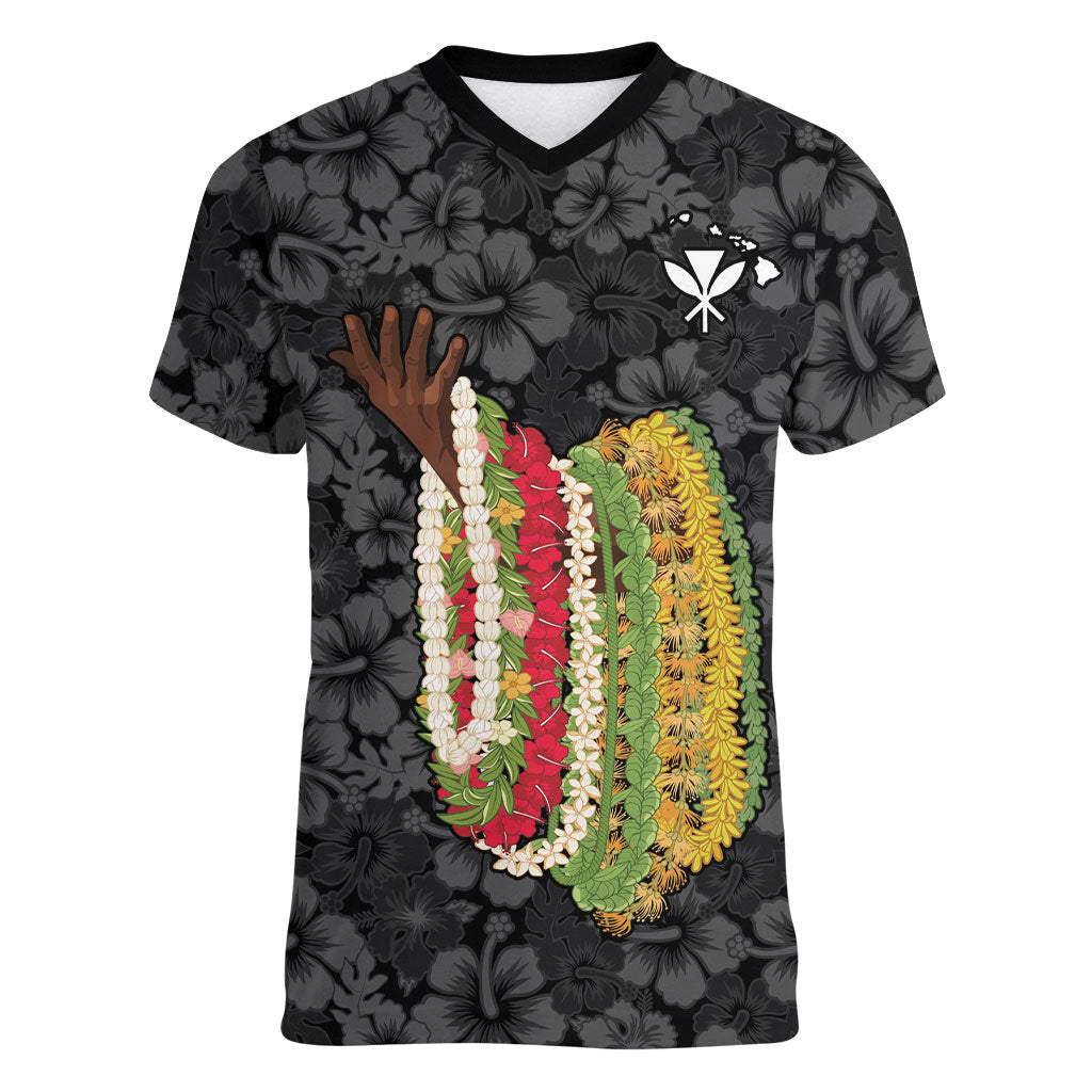 Hawaii Lei Kamehameha Women V-Neck T-Shirt Ele'ele Seamless Pattern Hibiscus Flower LT9 Female Black - Polynesian Pride