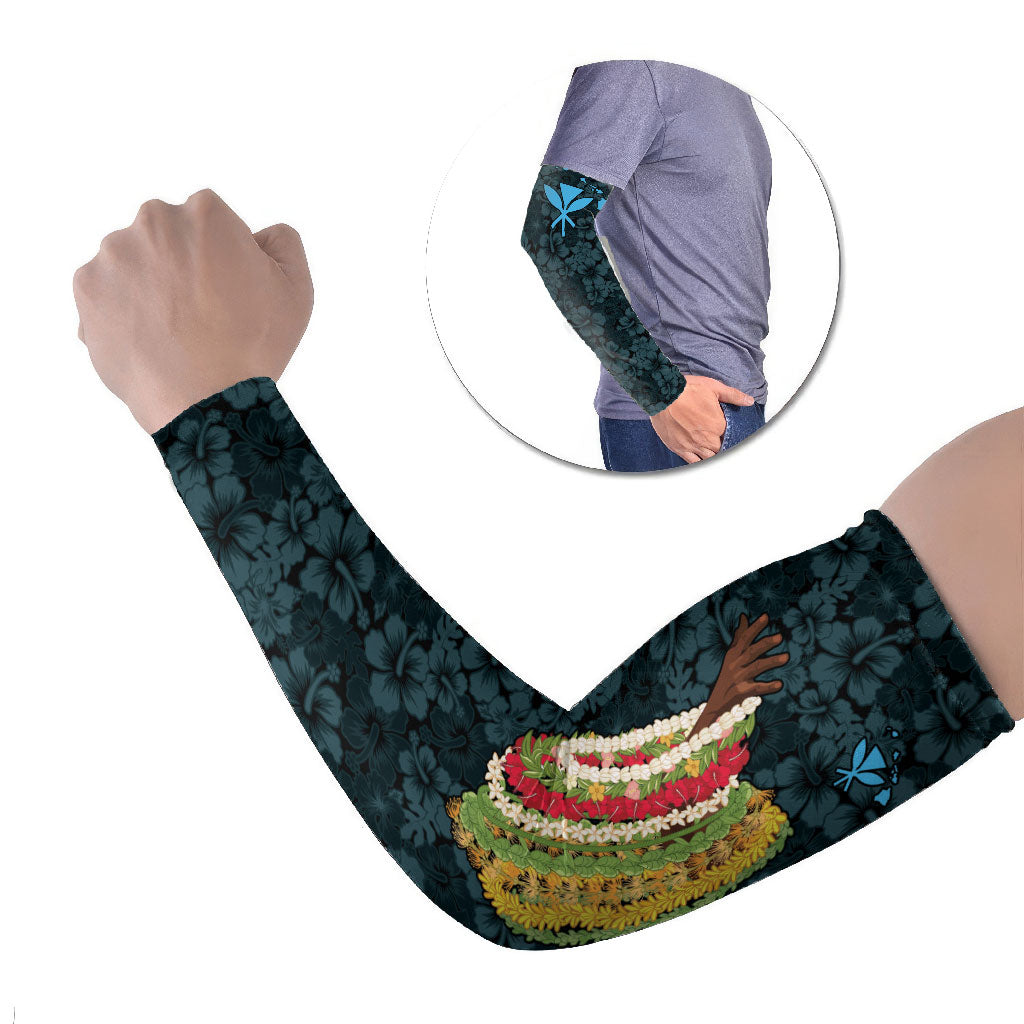 Hawaii Lei Kamehameha Arm Sleeves Uliuli Seamless Pattern Hibiscus Flower LT9 Set of 2 Blue - Polynesian Pride