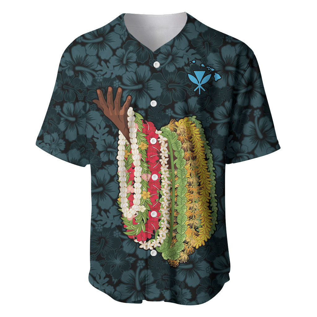 Hawaii Lei Kamehameha Baseball Jersey Uliuli Seamless Pattern Hibiscus Flower LT9 Blue - Polynesian Pride
