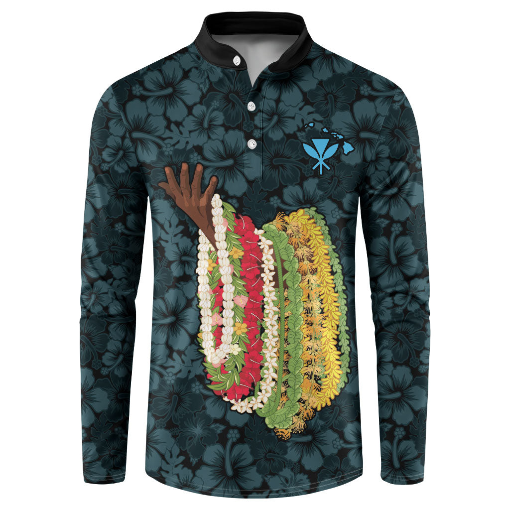 Hawaii Lei Kamehameha Button Sweatshirt Uliuli Seamless Pattern Hibiscus Flower LT9 Blue - Polynesian Pride