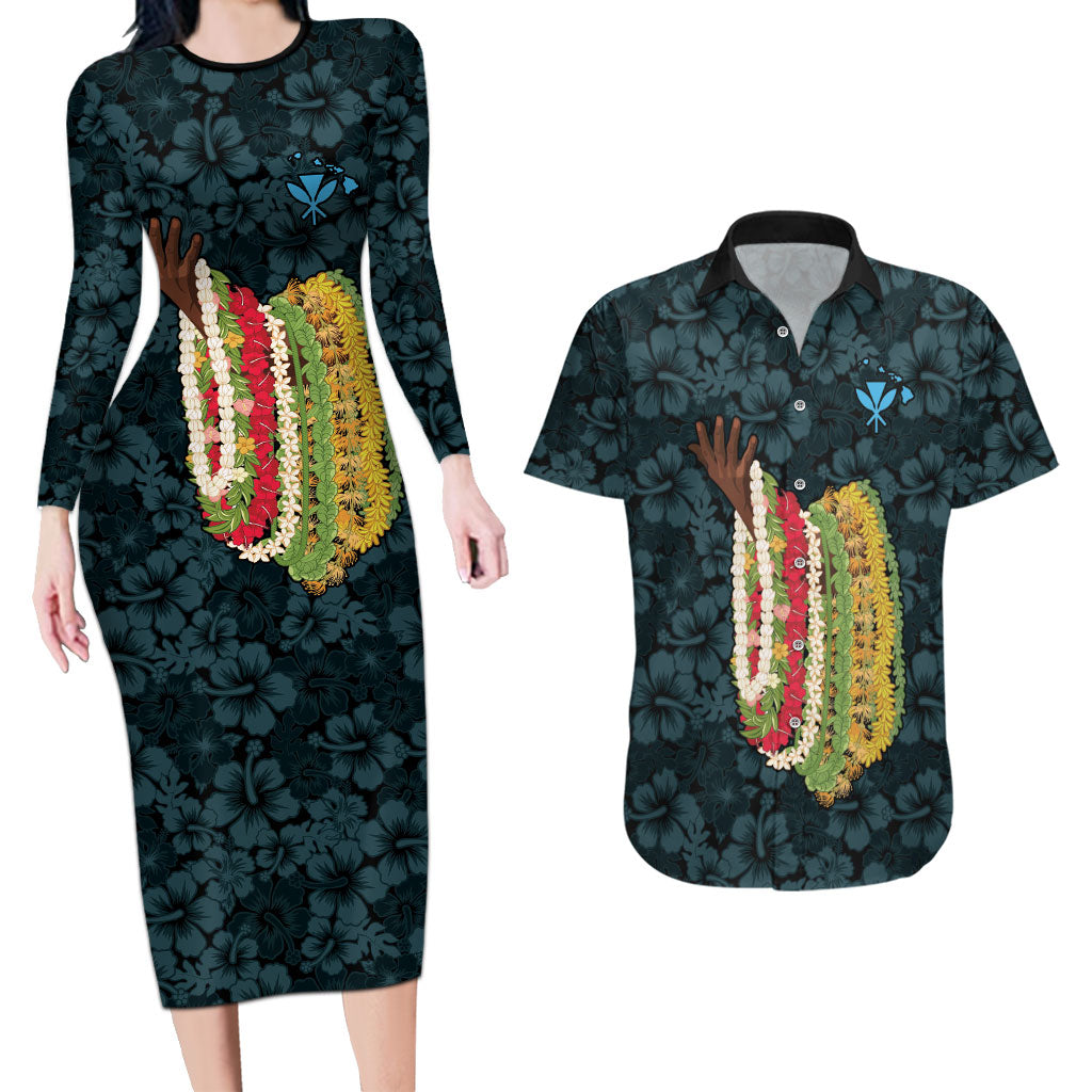 Hawaii Lei Kamehameha Couples Matching Long Sleeve Bodycon Dress and Hawaiian Shirt Uliuli Seamless Pattern Hibiscus Flower LT9 Blue - Polynesian Pride