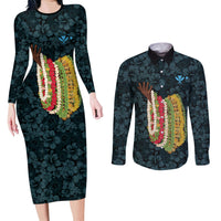 Hawaii Lei Kamehameha Couples Matching Long Sleeve Bodycon Dress and Long Sleeve Button Shirt Uliuli Seamless Pattern Hibiscus Flower