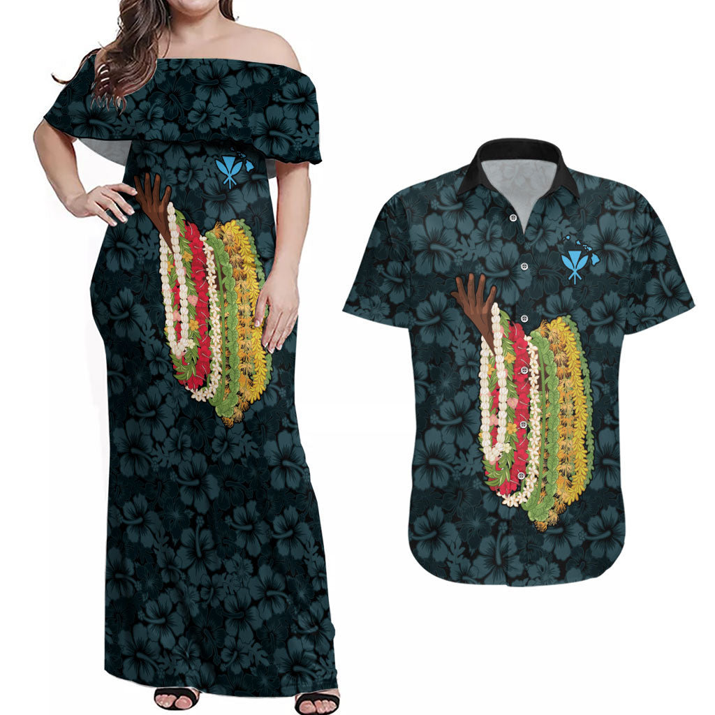 Hawaii Lei Kamehameha Couples Matching Off Shoulder Maxi Dress and Hawaiian Shirt Uliuli Seamless Pattern Hibiscus Flower LT9 Blue - Polynesian Pride