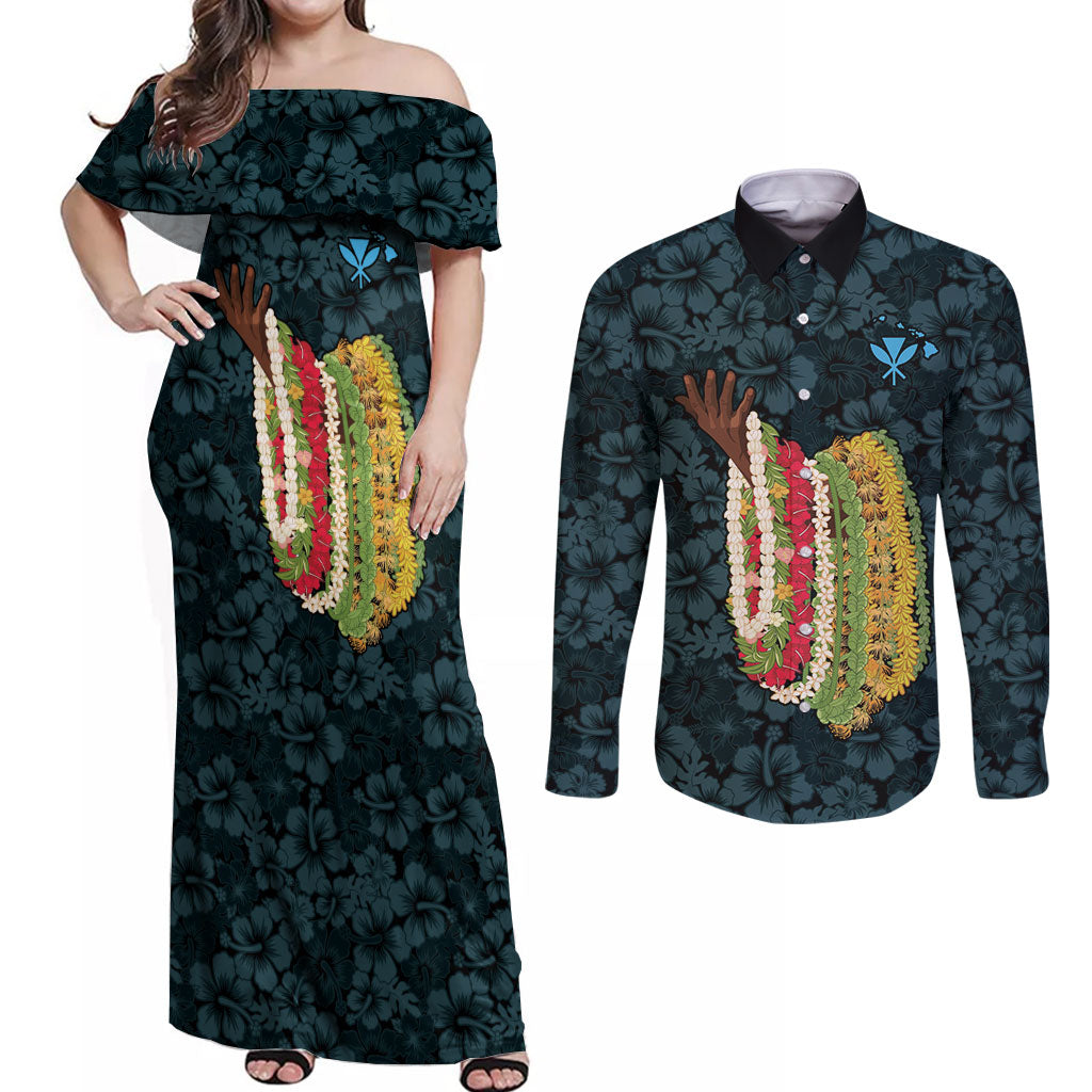 Hawaii Lei Kamehameha Couples Matching Off Shoulder Maxi Dress and Long Sleeve Button Shirt Uliuli Seamless Pattern Hibiscus Flower LT9 Blue - Polynesian Pride