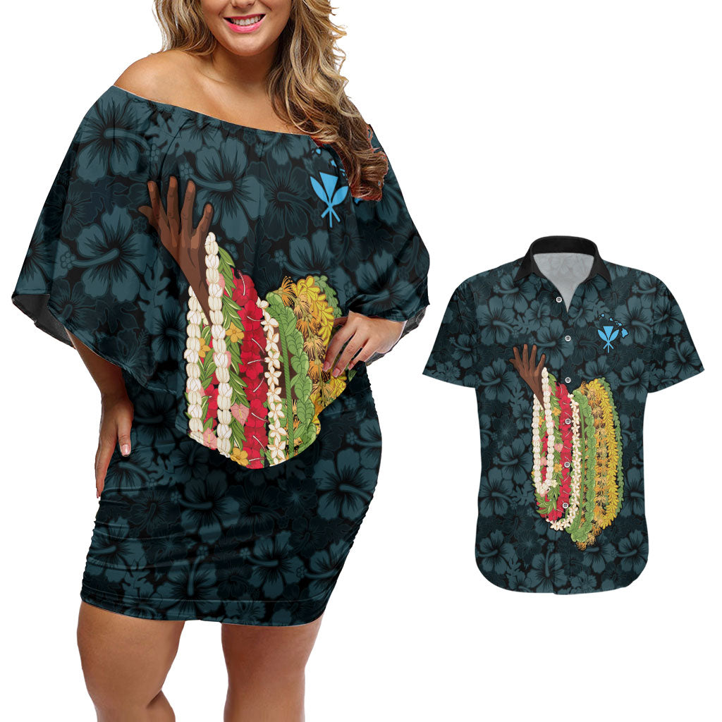Hawaii Lei Kamehameha Couples Matching Off Shoulder Short Dress and Hawaiian Shirt Uliuli Seamless Pattern Hibiscus Flower LT9 Blue - Polynesian Pride