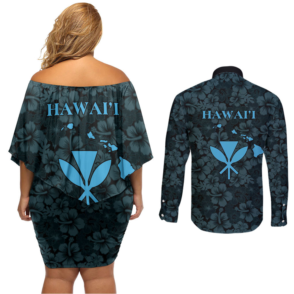 Hawaii Lei Kamehameha Couples Matching Off Shoulder Short Dress and Long Sleeve Button Shirt Uliuli Seamless Pattern Hibiscus Flower