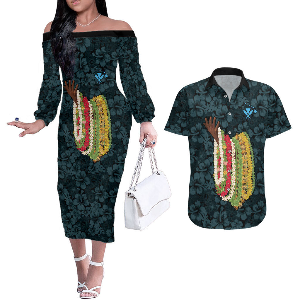 Hawaii Lei Kamehameha Couples Matching Off The Shoulder Long Sleeve Dress and Hawaiian Shirt Uliuli Seamless Pattern Hibiscus Flower